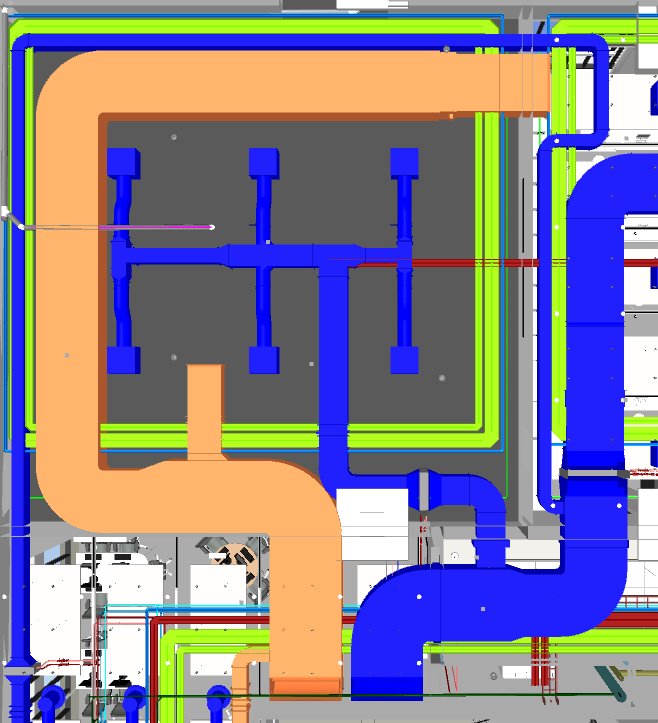 Commercial building floor plan before MEP BIM coordination — dense uncoordinated MEPF services with multiple clashes